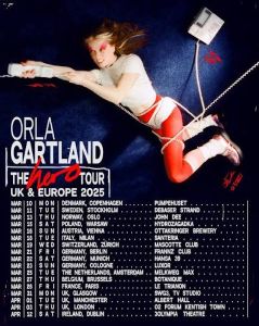 Tour poster for Orla Gartland's 2025 tour, including headline gig at The Forum in Kentish Town, London.